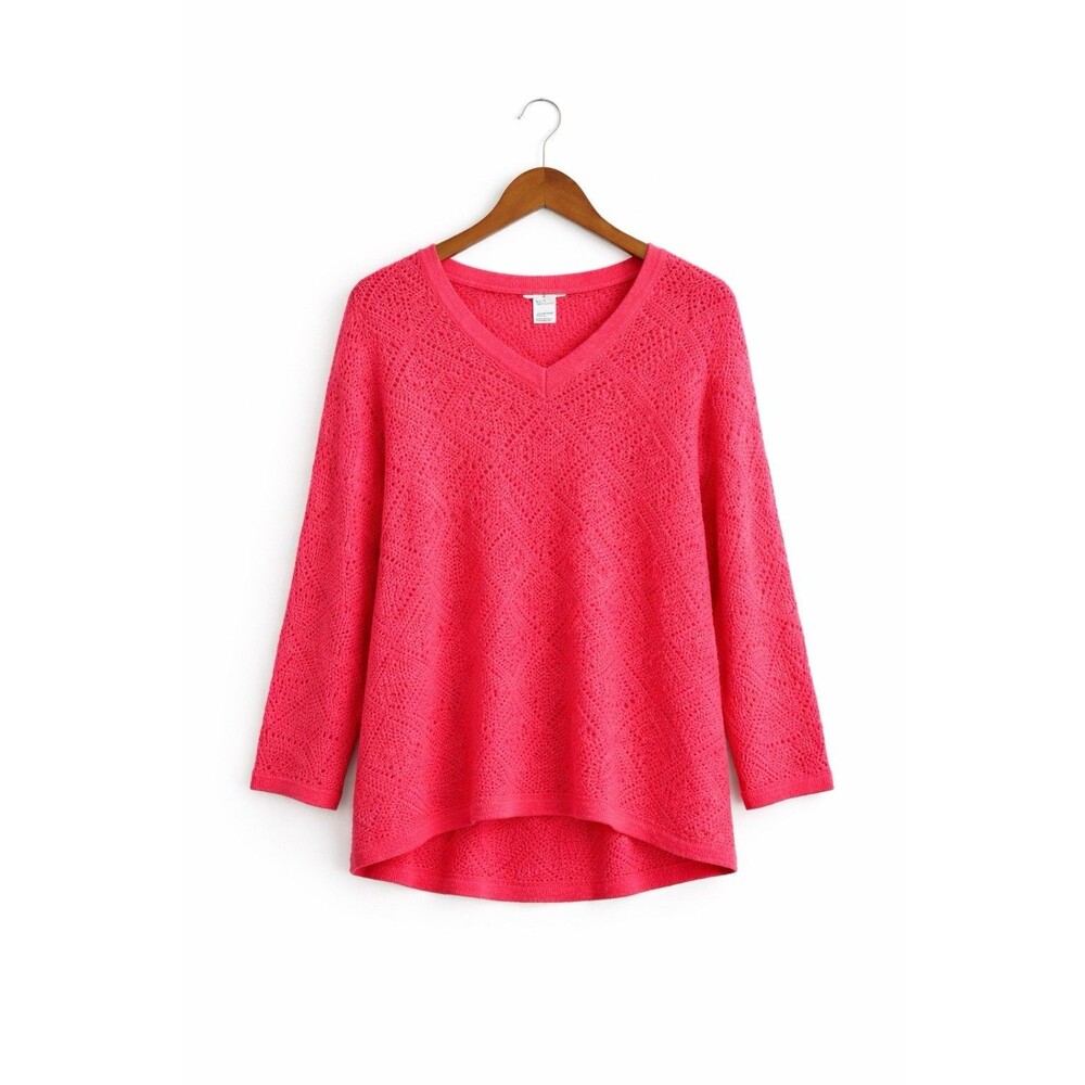 Chico’s Pink Open Knit Sweater Women’s M V-Neck Lightweight Cotton Blend